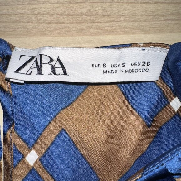 Zara Blue Brown Printed Long Sleeve Keyhole Back Blouse Women's Small S - Picture 5 of 8